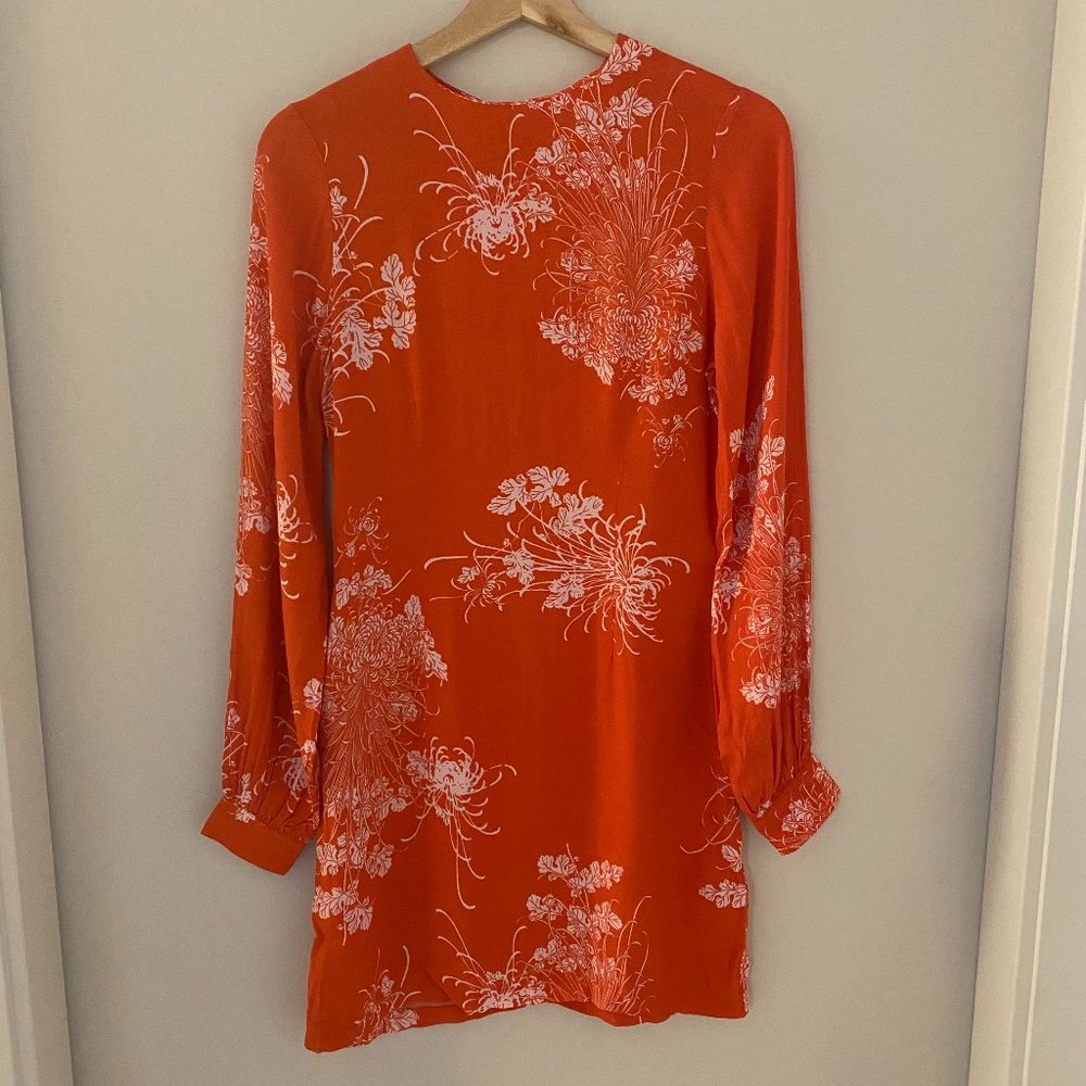 Long Sleeved Orange Chrysanthemum Print Dress